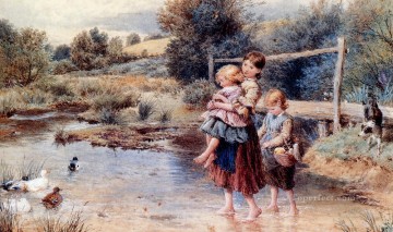enfants pagayer dans un ruisseau victorien Myles Birket Foster enfants animaux Peinture à l'huile